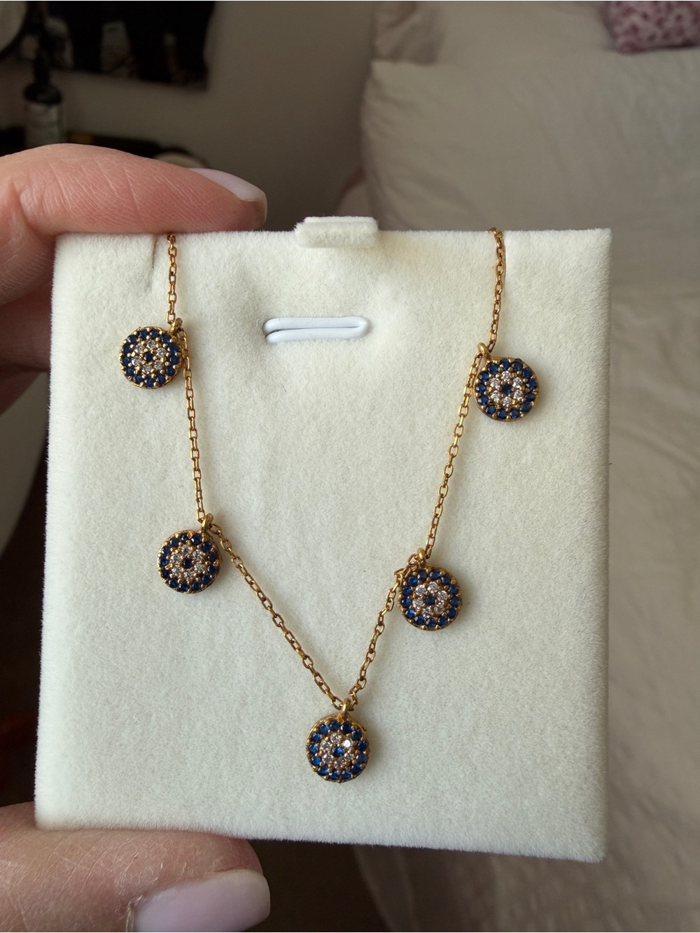 Brand New - Zehrai Gold-Tone Necklace with Blue and Clear Pave Disc Charms